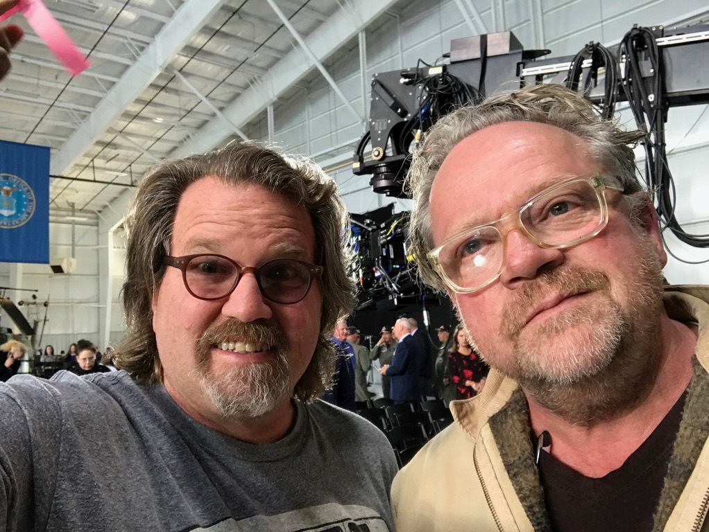 Ed Gutentag on set beside a camera crane rig