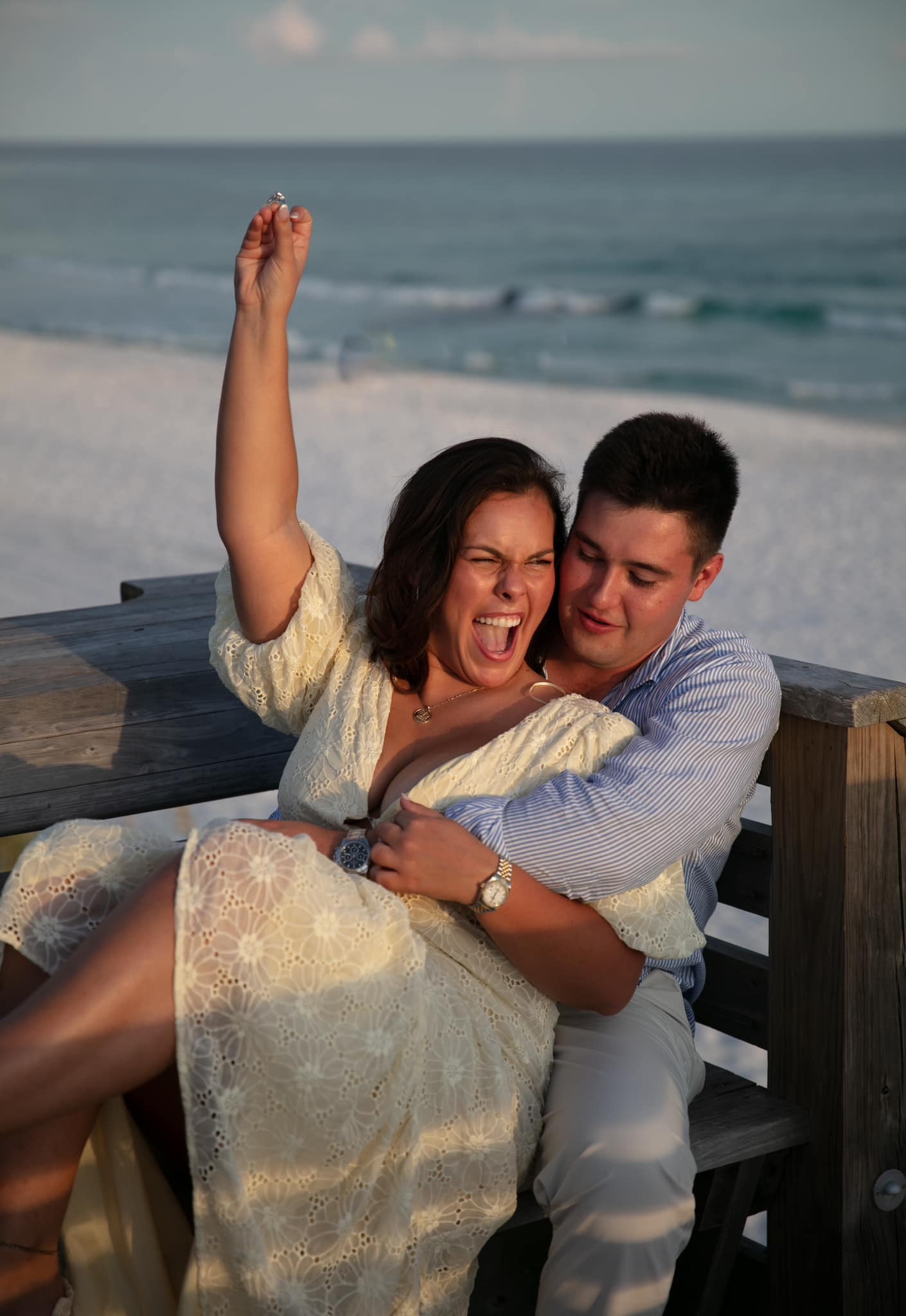 Surprise proposal reaction on the beach, Panama City Beach