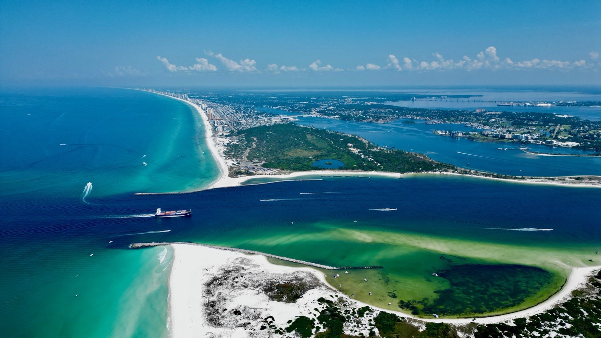 Aerial of St. Andrews Pass and the Gulf, Panama City Beach