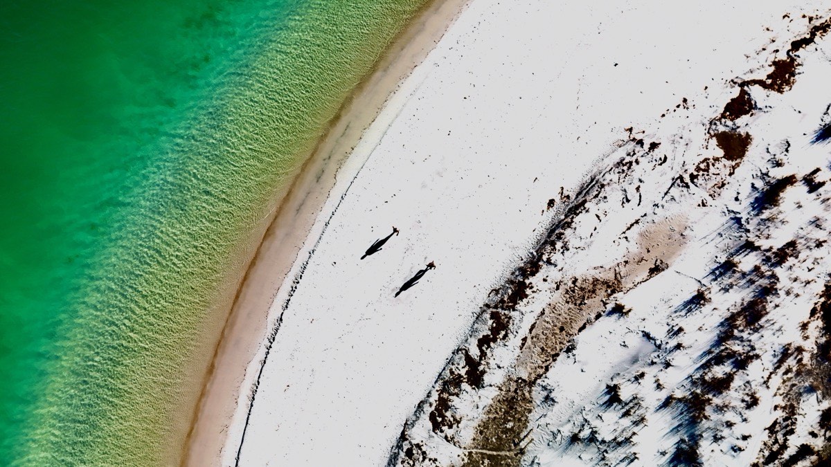 Aerial of figures on a curving sandbar, Emerald Coast