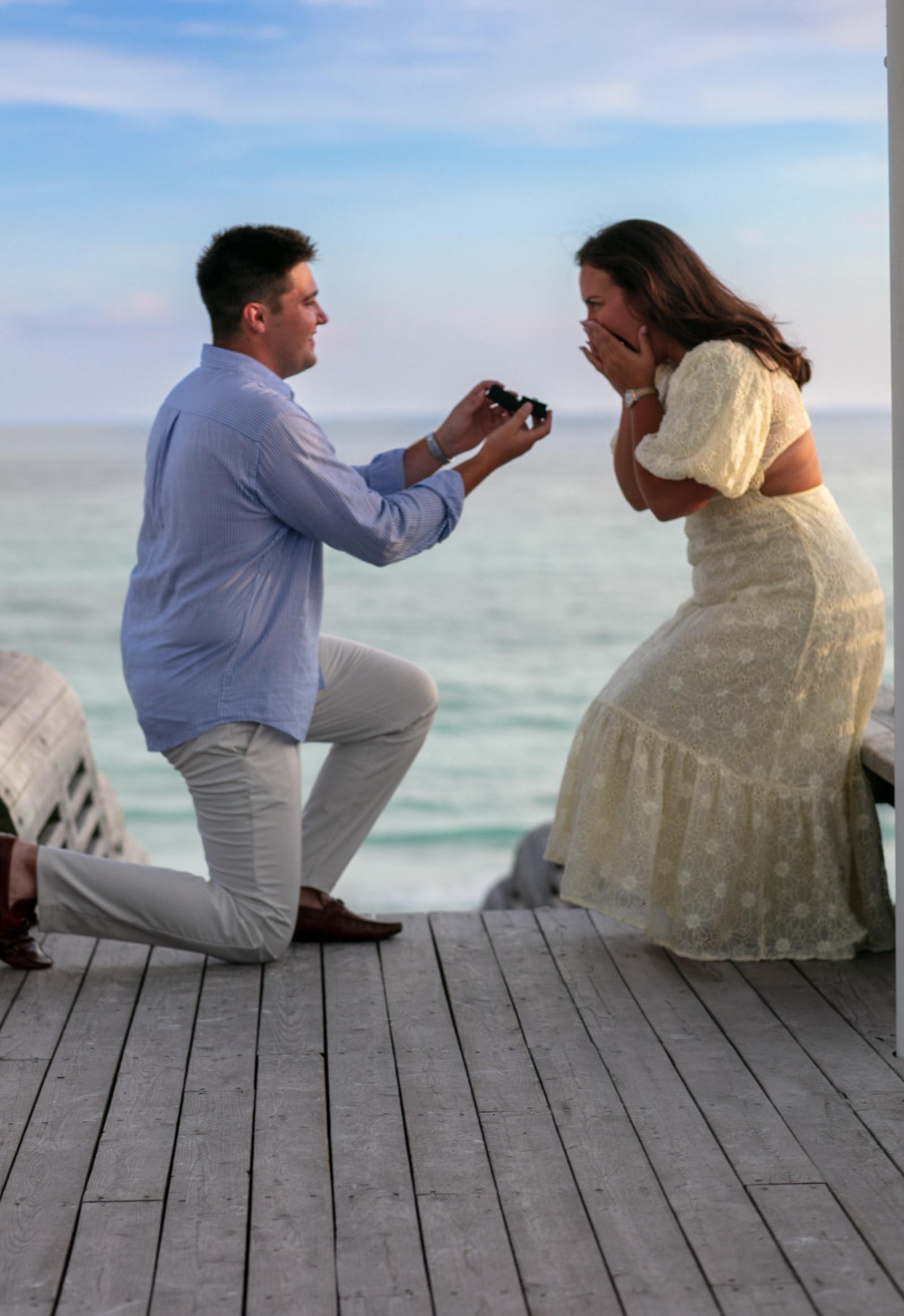 Beachfront proposal on the pier at golden hour, Emerald Coast